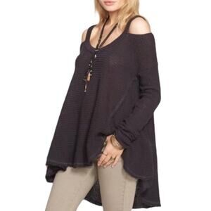 Free People Charcoal Gray Cold Shoulder Hi-Low Knit Fringe Sweater XS